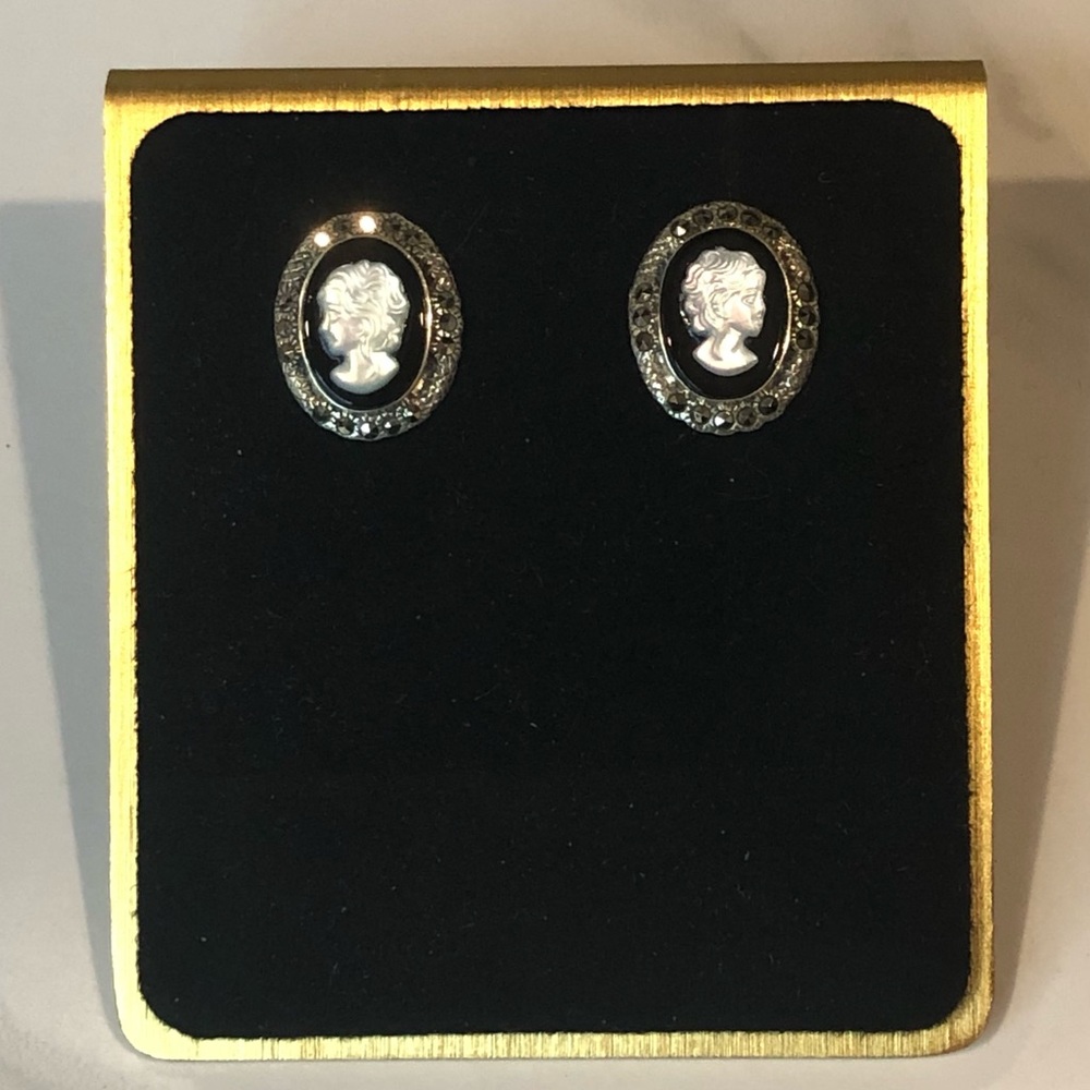 Mother of Pearl Cameo Studs w/ Onyx Background Marcasite Bezel & Sterling Silver